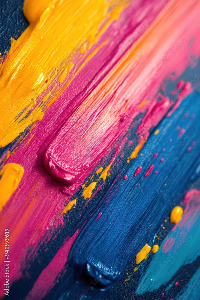 Poster artistic texture, close-up of colorful paint brush strokes and dynamic ink splatters creating a vibr