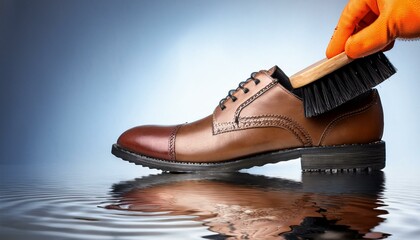Cleaning shoes with a brush and water