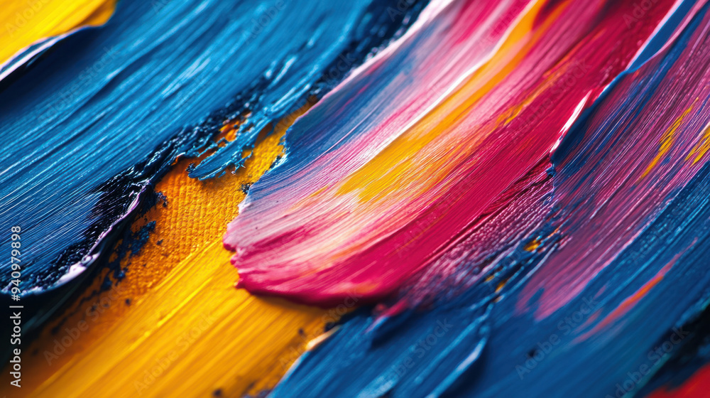 Poster artistic texture, close-up of colorful paint brush strokes and dynamic ink splatters creating a vibr