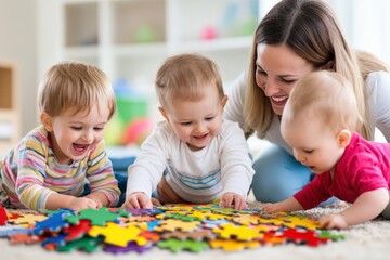 Fototapeta premium A cheerful woman interacts with three babies, enjoying a colorful puzzle together. The scene is lively and warm, showing playful engagement and learning in a family setting.