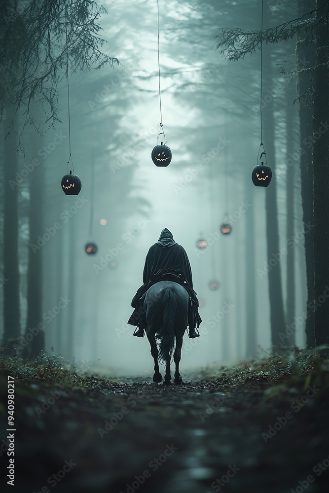 Poster a medieval knight on horseback, riding through a misty forest with halloween lanterns hanging from t