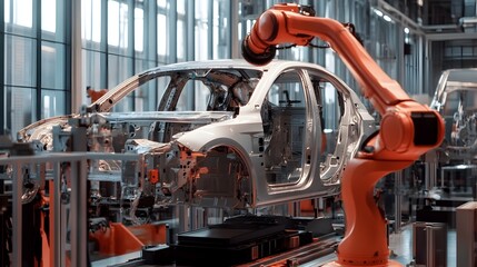 Robotic arm assembling car parts in modern factory production line