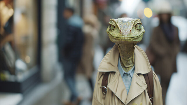 reptiloid alien or anthropomorphic reptile wearing trenchcoat walking down city street amongst humans