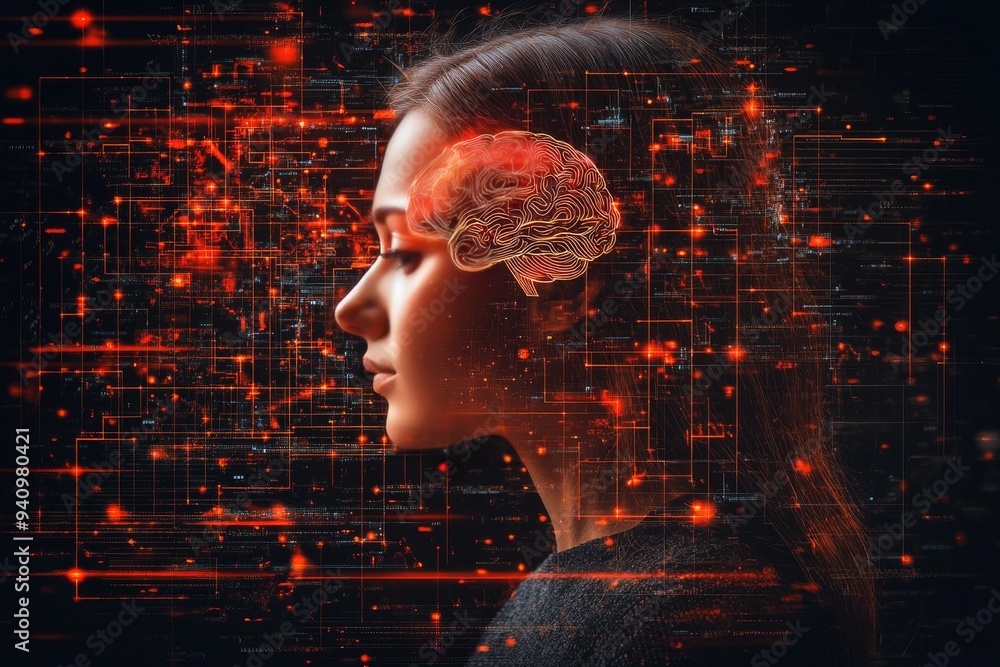 Poster futuristic digital portrait of woman with glowing neural pathways symbolizing advanced cognitive pro