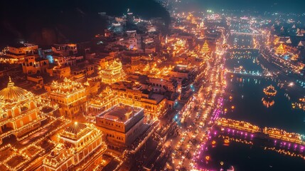 Aerial view of an Indian city during Diwali, with thousands of lights adorning buildings and streets