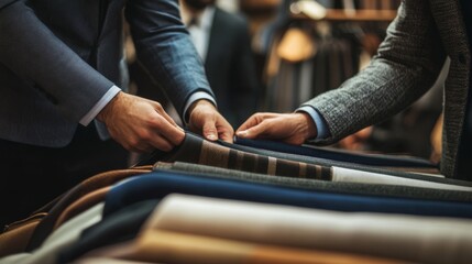 Bespoke tailoring service professional selecting premium fabrics with a client.