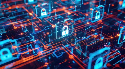 Fototapeta premium Digital network with security locks, representing data protection and cybersecurity.