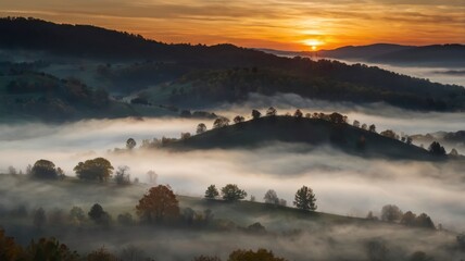 Obraz premium Foggy Fall Sunrise Over Hills 