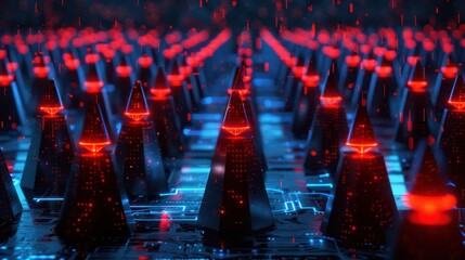 Obraz premium Abstract futuristic scene with pyramid shapes and glowing elements.