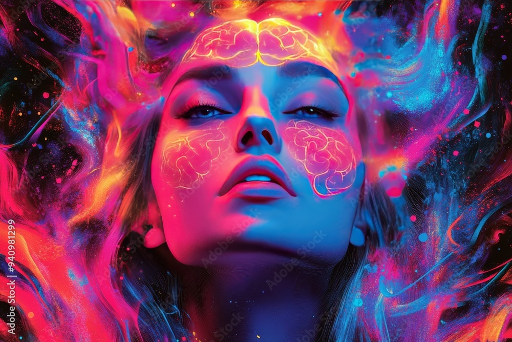 Poster surreal digital portrait of a woman with vibrant colors and abstract patterns overlaying her face sy