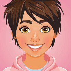 Bright smile, big brown eyes, short brown hair, wearing a pink hoodie on a light pink background.