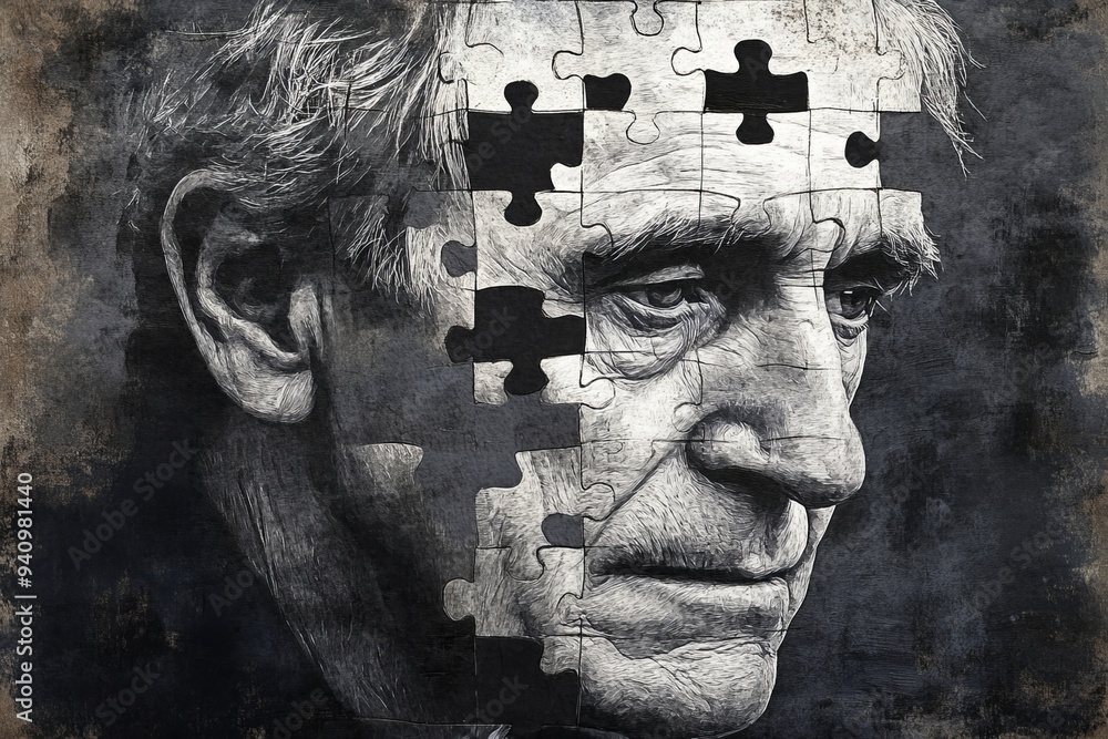 Poster black and white image of an elderly man with missing puzzle pieces from his face representing the ch