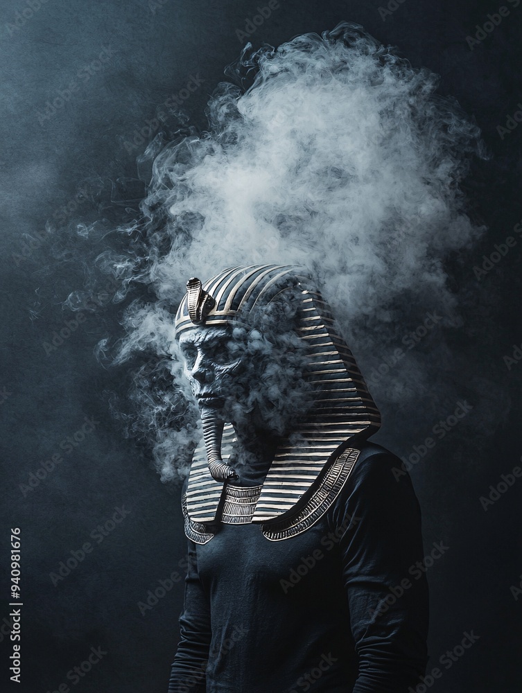 Aufkleber an egyptian-themed halloween setup with a ghostly pharaoh figure emerging from the shadows, set agai