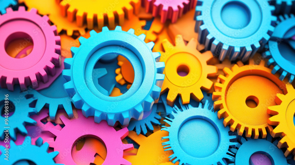 Poster email automation, colorful gears illustrate email communication, representing the technology and aut