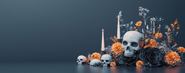 An eerie floral centerpiece with black roses and orange marigolds, accented by small skulls and candles, with a dark backdrop providing extensive copy space.