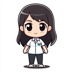 Obraz premium A chibistyle girl in work clothes walks confidently with her hands in front against a clean white backdrop.