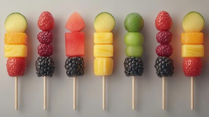 Colorful fruit skewers with melon, pineapple and berries, antioxidant-rich