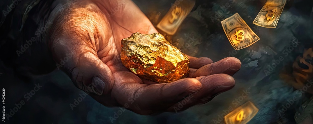 Aufkleber a hand holding a shimmering golden nugget, surrounded by floating currency notes, evoking themes of 