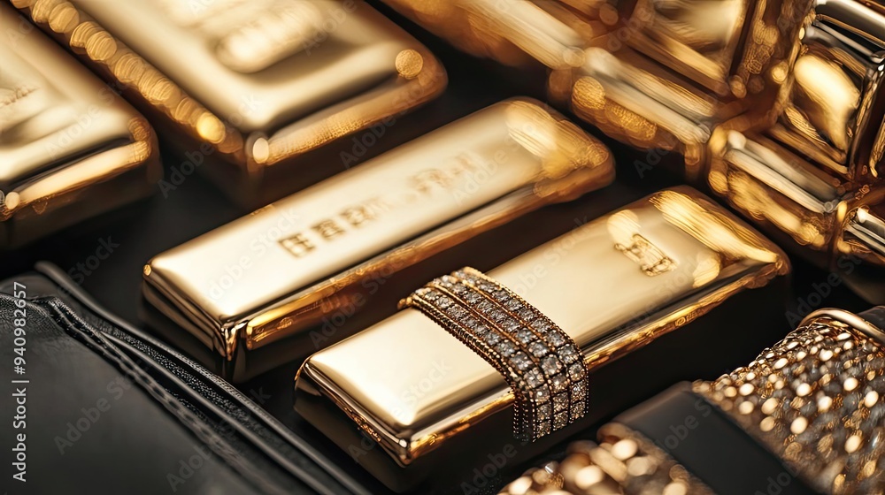 Poster close-up of luxurious gold bars adorned with elegant designs, symbolizing wealth and opulence in a r