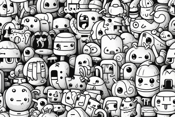 A black and white seamless pattern featuring a densely packed collection of cute, whimsical, cartoon-like creatures.