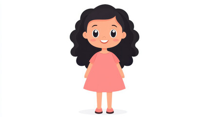 Fototapeta premium A charming illustration of a joyful yearold girl in a pink dress, with black curly hair, set against a white backdrop.