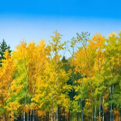 Fototapeta premium Autumn forest with golden-yellow foliage under a clear blue sky, representing the beauty of the fall season.