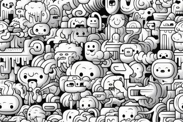 A black and white seamless pattern with various cute doodle designs including faces, eyes, and abstract shapes.