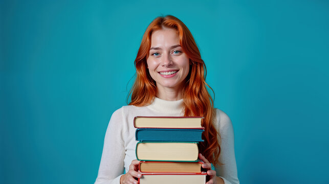 une jeune femme rousse, &eacute;tudiante, qui porte des livres - fond bleu