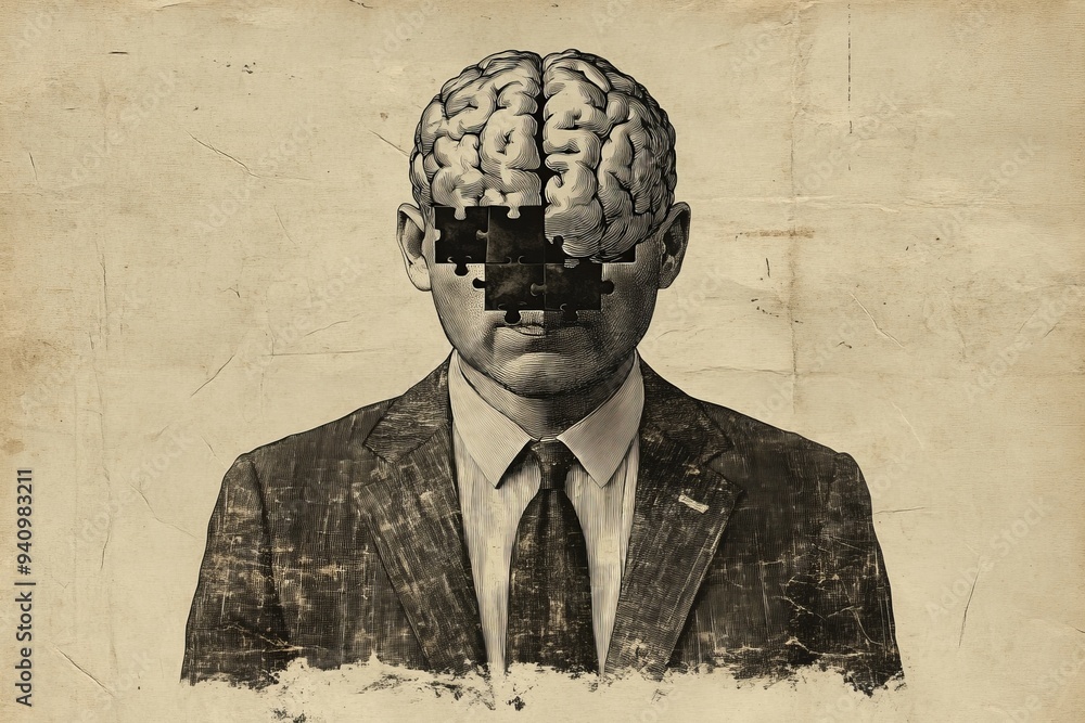 Poster sepia toned illustration of a man with a brain composed of industrial gears symbolizing mechanizatio
