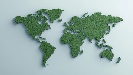World map created from green foliage on a light background, symbolizing environmental conservation and global nature connections.