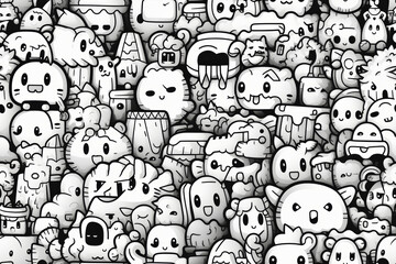 A chaotic and playful pattern of hand-drawn cartoon characters and objects in black and white.