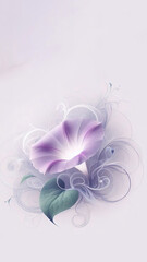 Wall paper, art print, phone cases. Minimalist image of a very transparent purple morning glory flower with swirls, very pale green leaves. All in a very faint white digital smoke environment.
