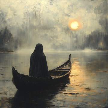 A serene and peaceful scene of a ferryman crossing a river in a traditional boat, evoking a sense of nostalgia and tranquil journey.