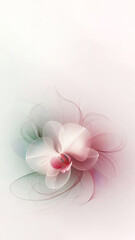 Wall paper, art print, phone cases. Minimalist image of a very transparent pink-white orchid flower with swirls, very pale green leaves. All in a very faint white digital smoke environment.