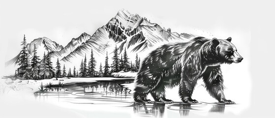 Naklejka premium Mountain bear with reflected landscape illustration art.