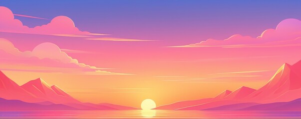 Surreal retro soft gradient sunset over the sea and mountains. Summer travel, vacation, honeymoon, paradise. Colorful clouds reflecting of pink, purple. Copy space. Creative design for banner. 