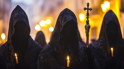 Hooded figures in dark robes gather for a mysterious ceremony, holding candles and a cross-topped staff against a backdrop of glowing lights.