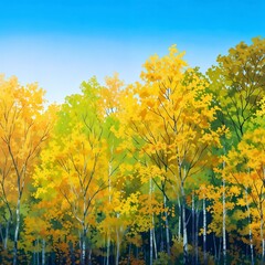 Fototapeta premium Autumn forest with golden-yellow foliage under a clear blue sky, representing the beauty of the fall season.