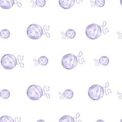 Balls of yarn purple. Cozy seamless pattern stylized. Hand drawn watercolor illustration. Needlecraft accessories for knitting. Template for textile, hobby, wrapping, needlework store, scrapbooking.