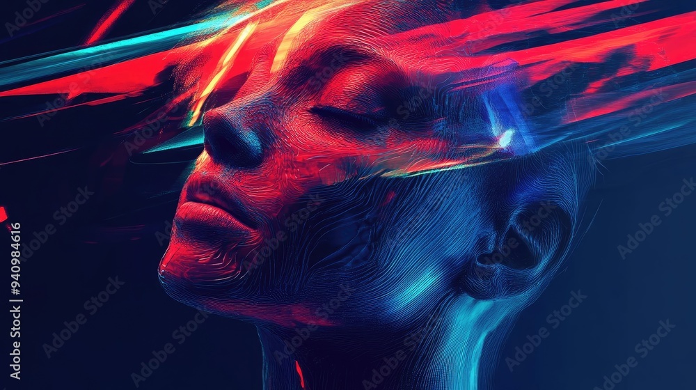 Poster A vibrant abstract representation of emotion, showcasing a face with colorful, flowing textures that evoke creativity and imagination.