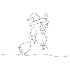 Little girl wearing witch hat and playing with broom one-line art drawing. Vector illustration