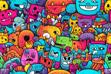 Obraz premium A colorful and chaotic doodle pattern featuring a variety of cute, cartoon-like creatures with different expressions and designs.
