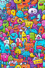 A colorful and chaotic doodle pattern filled with various cartoon creatures and abstract shapes.