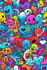 Fototapeta premium A colorful and chaotic doodle pattern with happy faces, swirls, and abstract shapes.