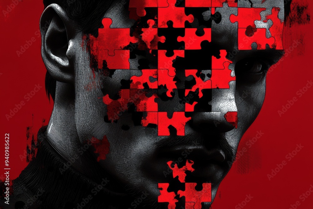 Poster surreal digital portrait of a man with red puzzle pieces overlaying his face symbolizing the struggl