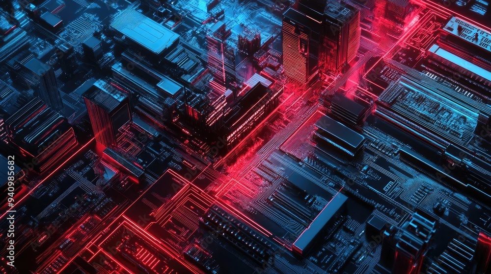 Poster aerial view of a futuristic cityscape illuminated with red and blue neon lights, showcasing a blend 