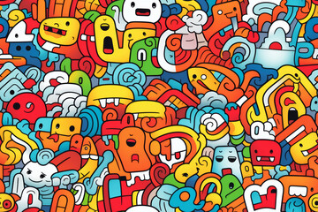 Fototapeta premium A colorful and chaotic pattern of cartoon faces, monsters, and abstract shapes.