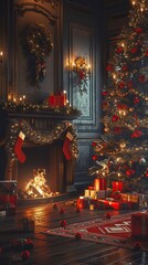 Fototapeta premium interior christmas. magic glowing tree, fireplace, gifts in dark