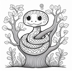 Obraz premium Cute snake on tree. Black and white vector illustration for coloring book