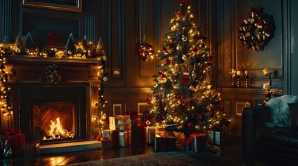 Fototapeta premium interior christmas. magic glowing tree, fireplace, gifts in dark